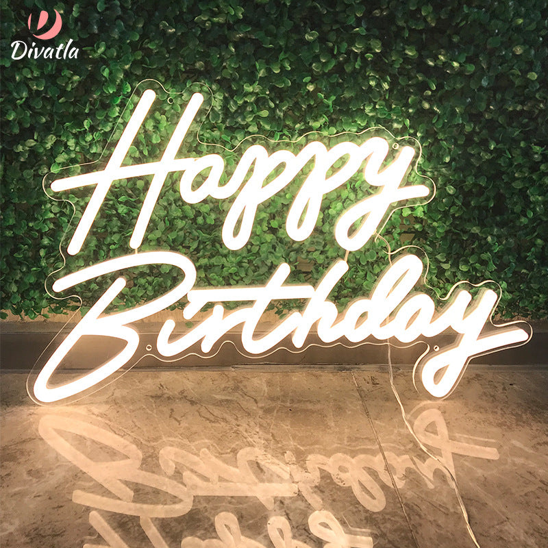Happy Birthday LED Neon Sign – 570x350mm Birthday Party Light with Timer & Adjustable Brightness – Warm White & Ice Blue Options – Flexible LED Tubing & Acrylic Backboard – Easy Mounting with Screws & 3M Adhesive