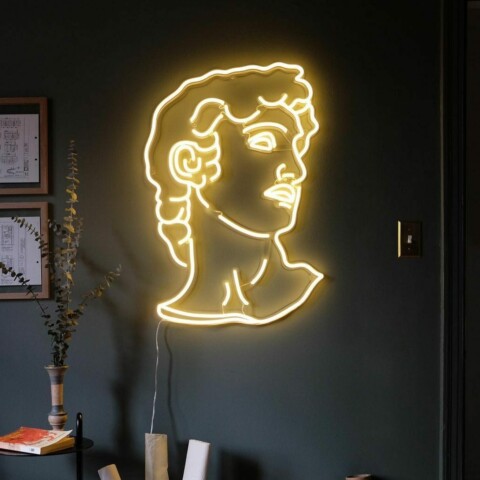 Michelangelo’s David LED Neon Sign – 60x55cm Classical Statue Wall Art with Adjustable Brightness & Timer – Eco-Friendly Acrylic Backboard, Modern Aesthetic Décor for Bedroom, Studio, Bar (Vibrant Yellow)