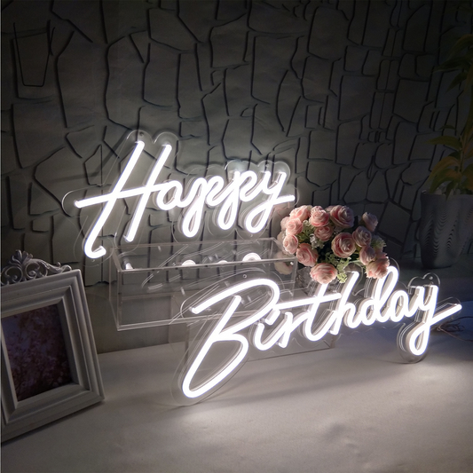 Happy Birthday LED Neon Sign – 570x350mm Birthday Party Light with Timer & Adjustable Brightness – Warm White & Ice Blue Options – Flexible LED Tubing & Acrylic Backboard – Easy Mounting with Screws & 3M Adhesive