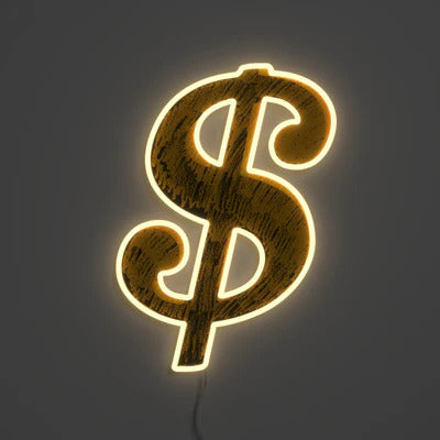 Dollar Sign LED Neon Wall Light – 60x55cm Pop Art Style Bright Yellow Sign with Acrylic Backboard – Bold Modern Décor for Bedroom, Office, Game Room – Easy Install with Screws & 3M Strips